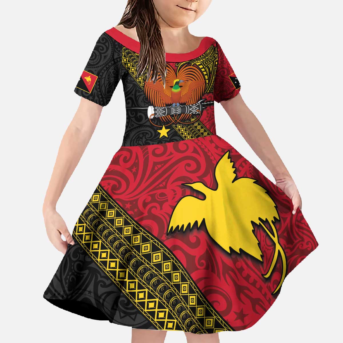 Papua New Guinea Goroka Show Family Matching Off The Shoulder Long Sleeve Dress and Hawaiian Shirt Bird-of-paradise and Melanesian Tattoo Pattern LT03 Daughter's Dress Red - Polynesian Pride