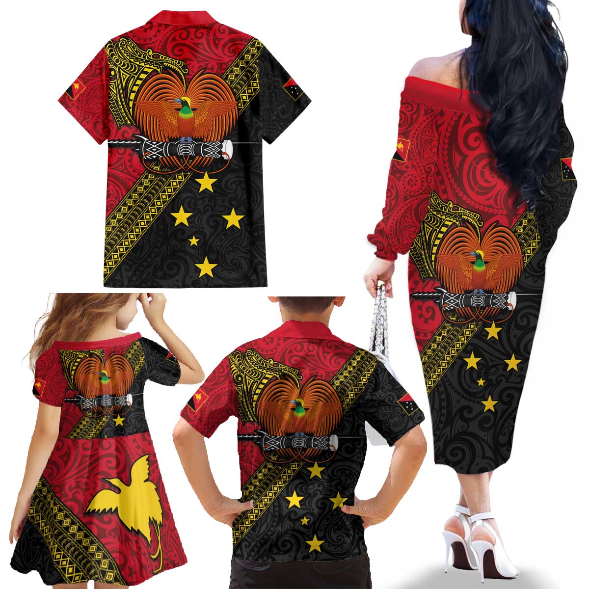 Papua New Guinea Goroka Show Family Matching Off The Shoulder Long Sleeve Dress and Hawaiian Shirt Bird-of-paradise and Melanesian Tattoo Pattern LT03 - Polynesian Pride