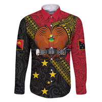Papua New Guinea Goroka Show Family Matching Off The Shoulder Long Sleeve Dress and Hawaiian Shirt Bird-of-paradise and Melanesian Tattoo Pattern LT03 Dad's Shirt - Long Sleeve Red - Polynesian Pride