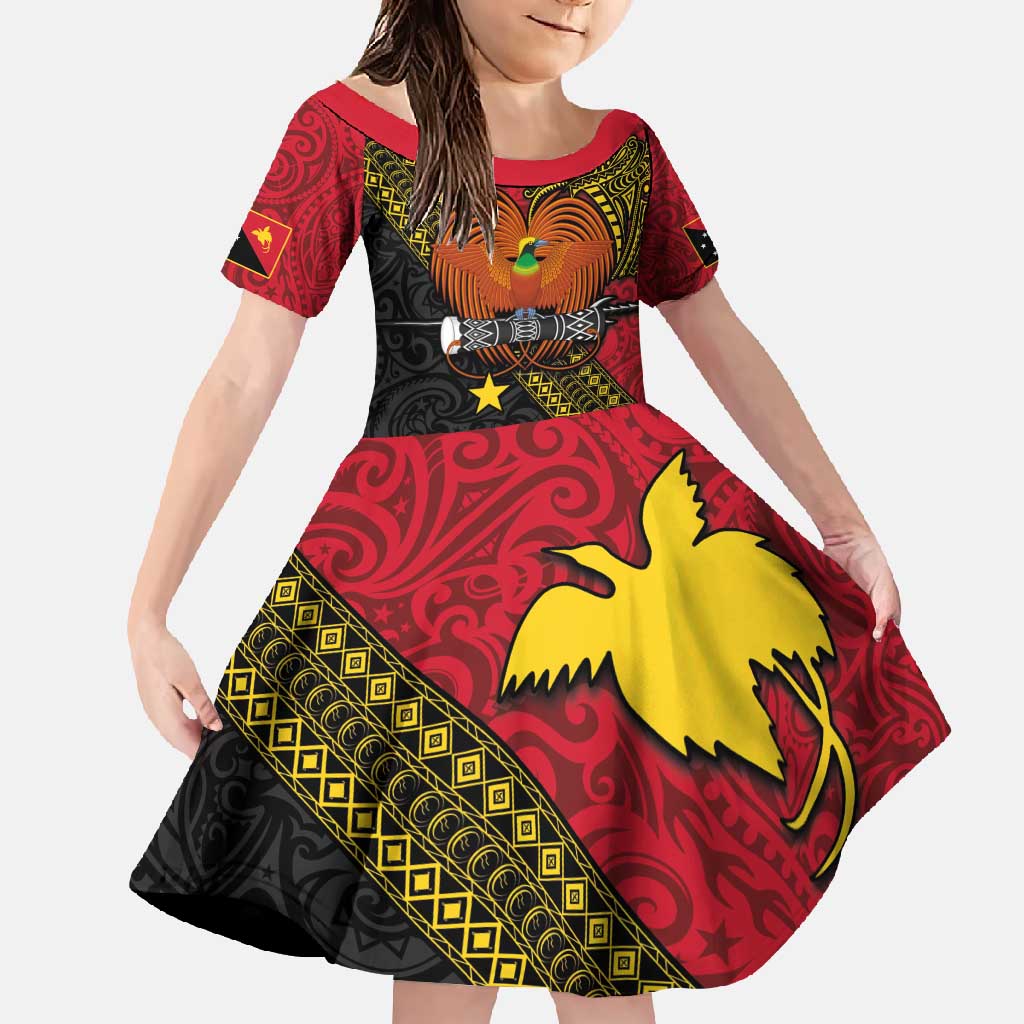 Papua New Guinea Goroka Show Family Matching Off Shoulder Maxi Dress and Hawaiian Shirt Bird-of-paradise and Melanesian Tattoo Pattern LT03 Daughter's Dress Red - Polynesian Pride