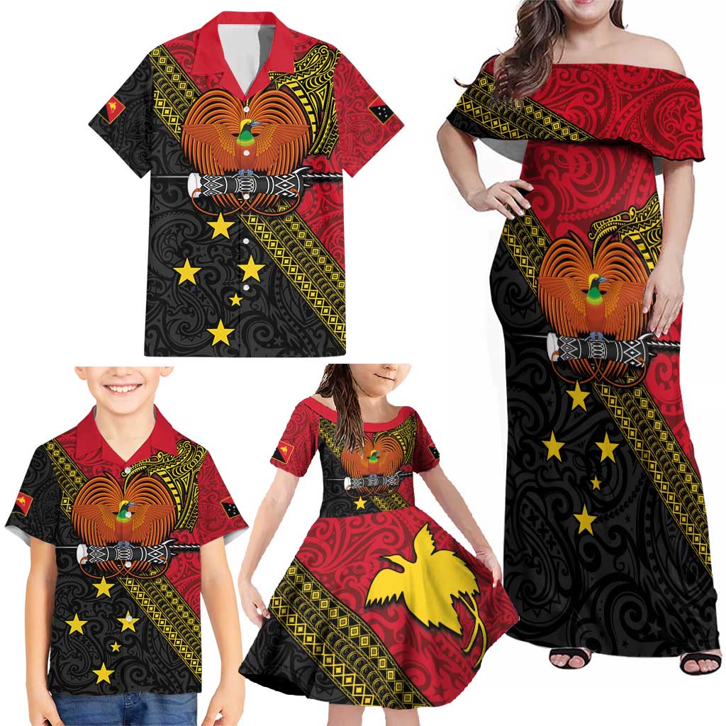 Papua New Guinea Goroka Show Family Matching Off Shoulder Maxi Dress and Hawaiian Shirt Bird-of-paradise and Melanesian Tattoo Pattern LT03 - Polynesian Pride