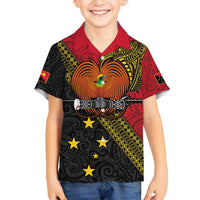 Papua New Guinea Goroka Show Family Matching Off Shoulder Maxi Dress and Hawaiian Shirt Bird-of-paradise and Melanesian Tattoo Pattern LT03 Son's Shirt Red - Polynesian Pride