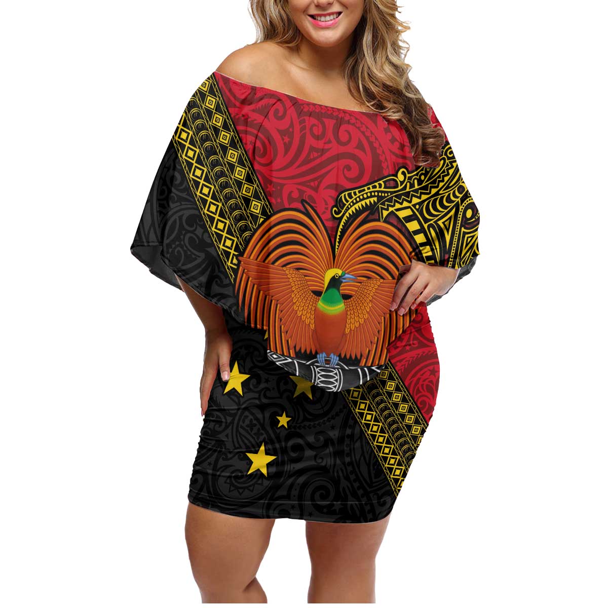 Papua New Guinea Goroka Show Family Matching Off Shoulder Short Dress and Hawaiian Shirt Bird-of-paradise and Melanesian Tattoo Pattern LT03 Mom's Dress Red - Polynesian Pride