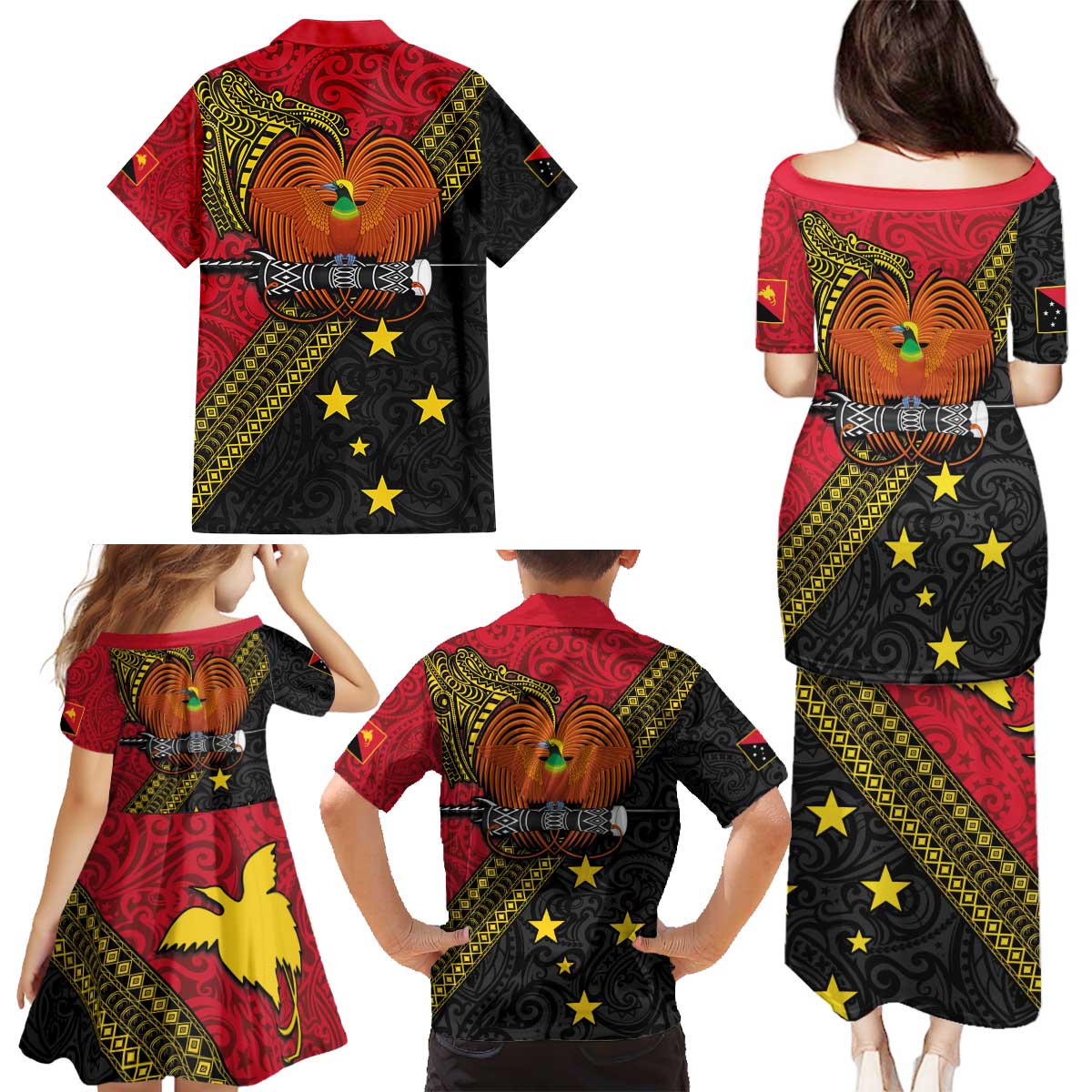 Papua New Guinea Goroka Show Family Matching Puletasi and Hawaiian Shirt Bird-of-paradise and Melanesian Tattoo Pattern LT03 - Polynesian Pride