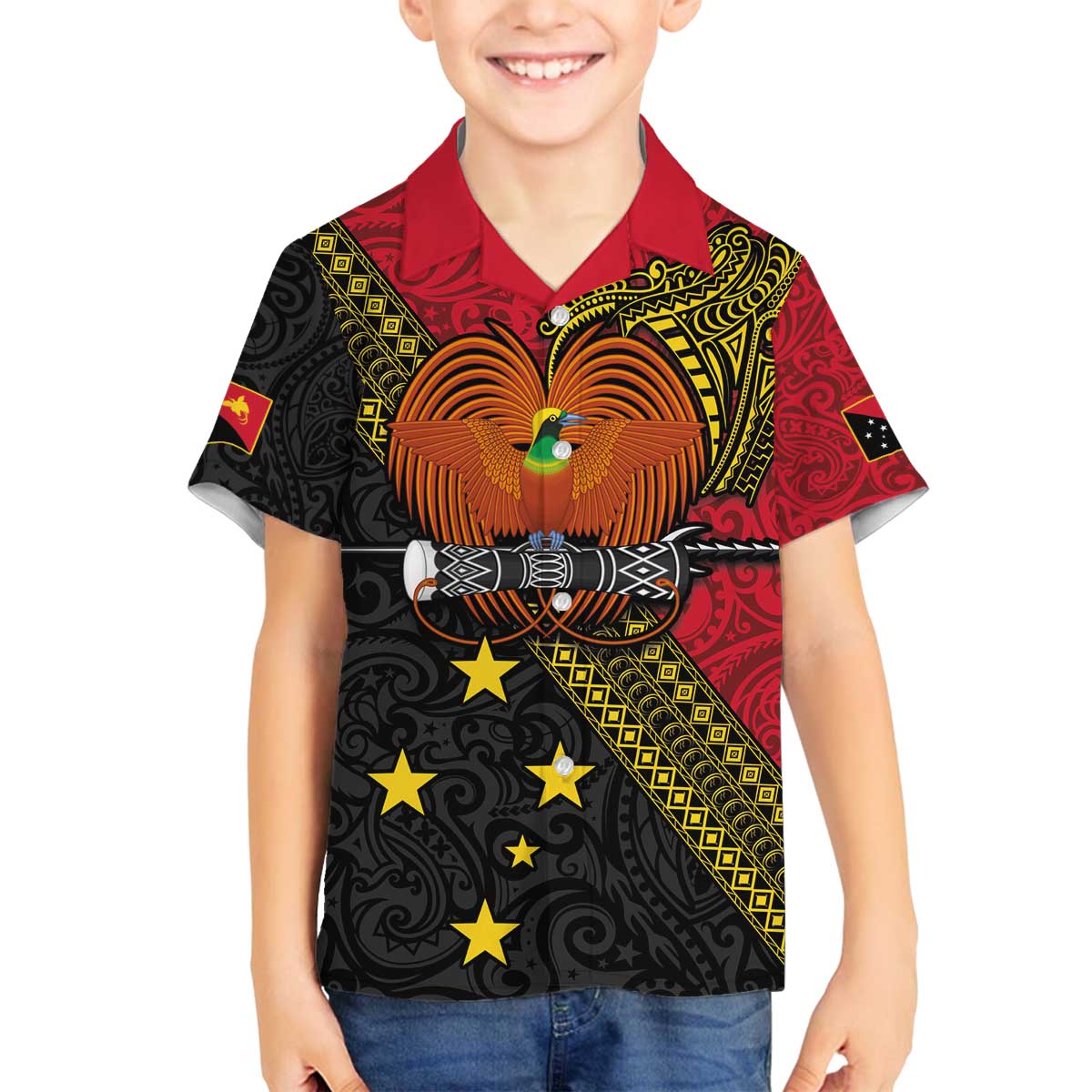 Papua New Guinea Goroka Show Family Matching Puletasi and Hawaiian Shirt Bird-of-paradise and Melanesian Tattoo Pattern LT03 Son's Shirt Red - Polynesian Pride
