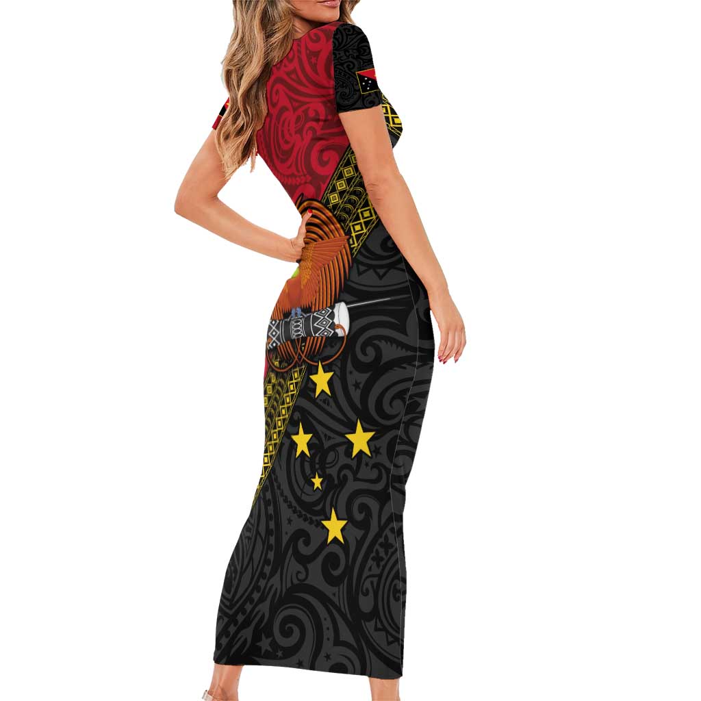 Papua New Guinea Goroka Show Family Matching Short Sleeve Bodycon Dress and Hawaiian Shirt Bird-of-paradise and Melanesian Tattoo Pattern LT03 - Polynesian Pride