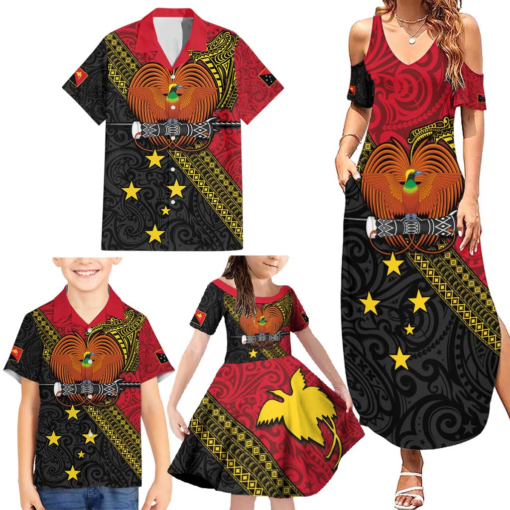 Papua New Guinea Goroka Show Family Matching Summer Maxi Dress and Hawaiian Shirt Bird-of-paradise and Melanesian Tattoo Pattern LT03 - Polynesian Pride