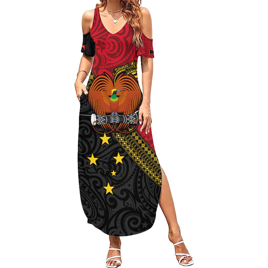 Papua New Guinea Goroka Show Family Matching Summer Maxi Dress and Hawaiian Shirt Bird-of-paradise and Melanesian Tattoo Pattern LT03 Mom's Dress Red - Polynesian Pride
