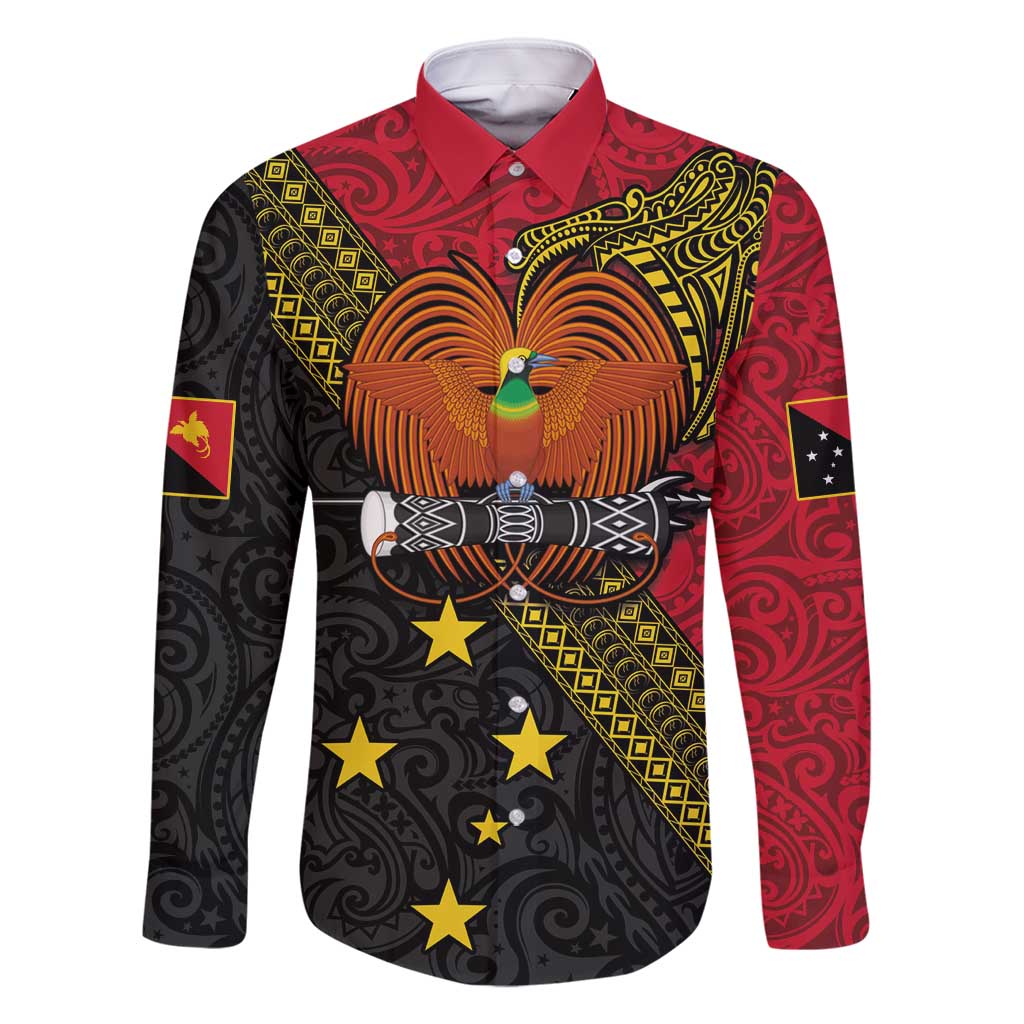 Papua New Guinea Goroka Show Family Matching Tank Maxi Dress and Hawaiian Shirt Bird-of-paradise and Melanesian Tattoo Pattern LT03 Dad's Shirt - Long Sleeve Red - Polynesian Pride