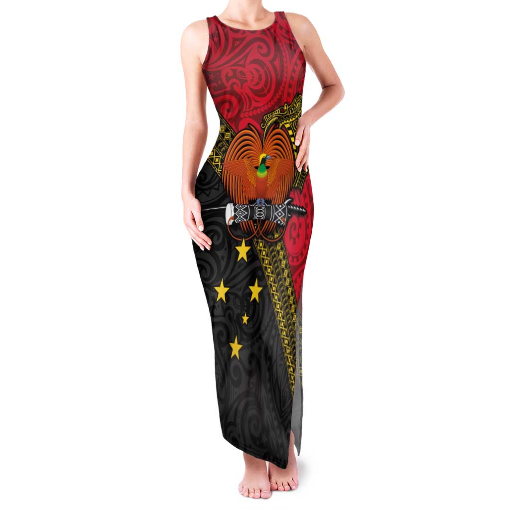 Papua New Guinea Goroka Show Family Matching Tank Maxi Dress and Hawaiian Shirt Bird-of-paradise and Melanesian Tattoo Pattern LT03 Mom's Dress Red - Polynesian Pride