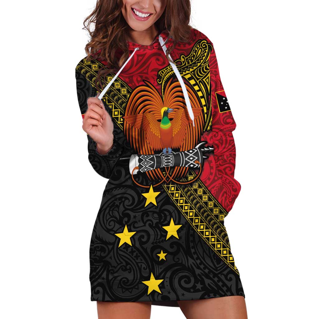 Papua New Guinea Goroka Show Hoodie Dress Bird-of-paradise and Melanesian Tattoo Pattern LT03 Red - Polynesian Pride