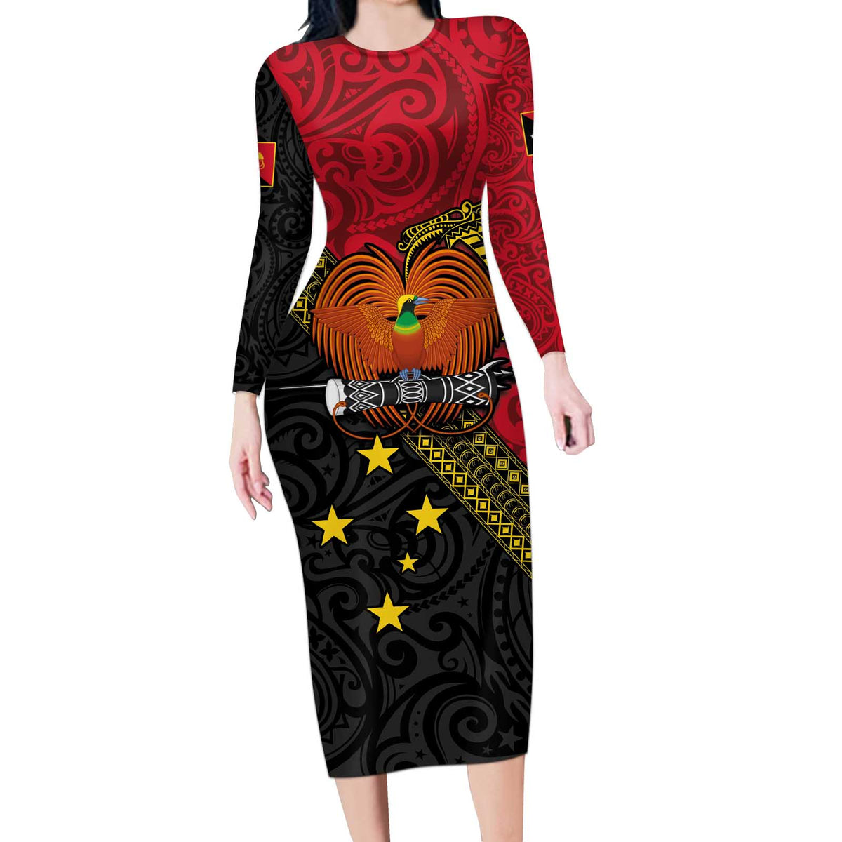Papua New Guinea Goroka Show Long Sleeve Bodycon Dress Bird-of-paradise and Melanesian Tattoo Pattern LT03 Long Dress Red - Polynesian Pride