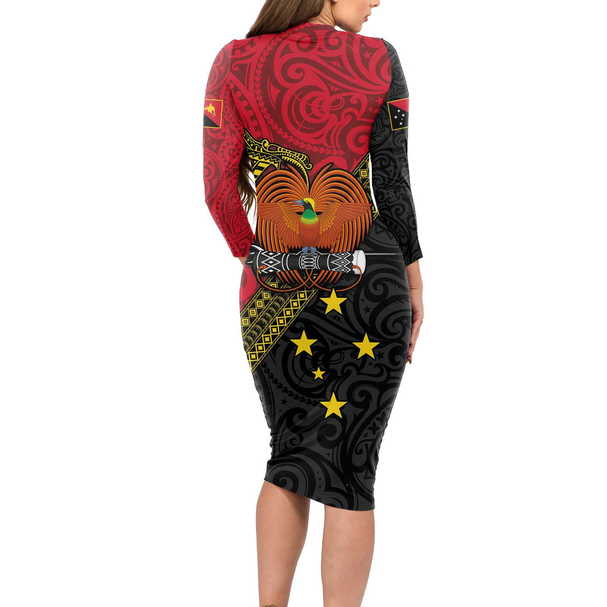 Papua New Guinea Goroka Show Long Sleeve Bodycon Dress Bird-of-paradise and Melanesian Tattoo Pattern LT03 - Polynesian Pride