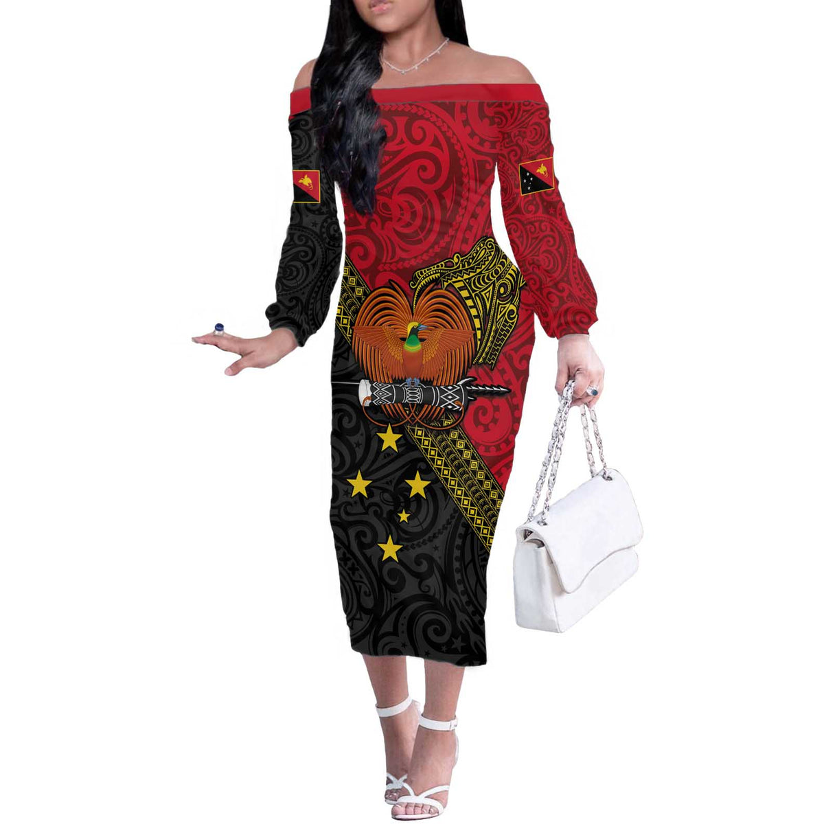 Papua New Guinea Goroka Show Off The Shoulder Long Sleeve Dress Bird-of-paradise and Melanesian Tattoo Pattern LT03 Women Red - Polynesian Pride