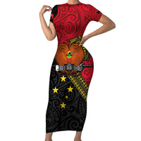 Papua New Guinea Goroka Show Short Sleeve Bodycon Dress Bird-of-paradise and Melanesian Tattoo Pattern LT03 Long Dress Red - Polynesian Pride