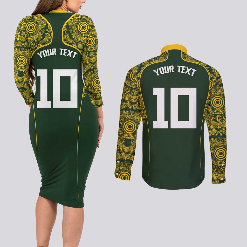 Australia Rugby Custom Couples Matching Long Sleeve Bodycon Dress and Long Sleeve Button Shirt Aboriginal Art Sporty Style - Polynesian Pride