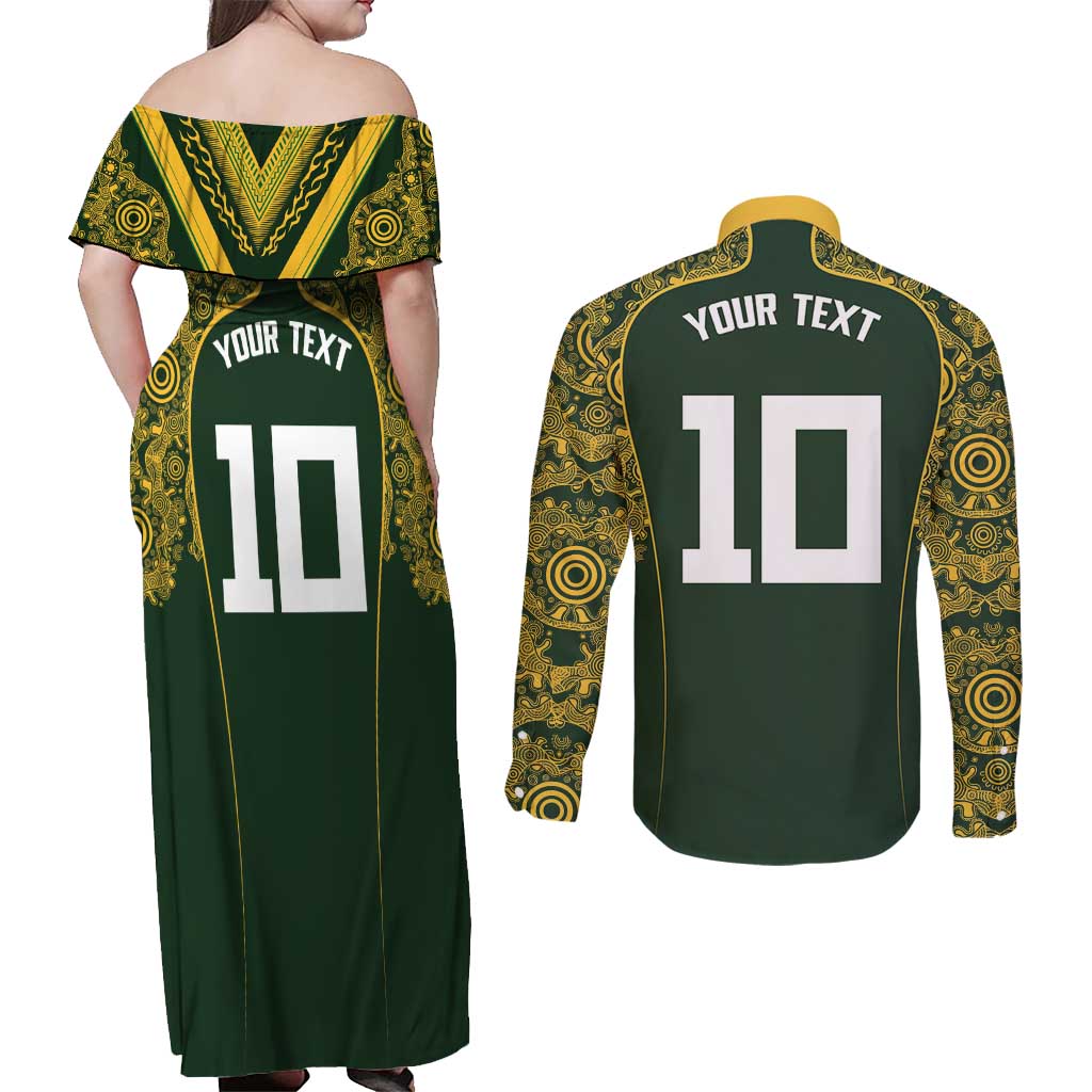 Australia Rugby Custom Couples Matching Off Shoulder Maxi Dress and Long Sleeve Button Shirt Aboriginal Art Sporty Style - Polynesian Pride