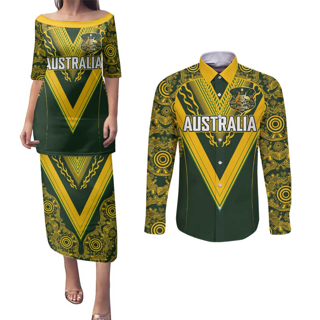 Australia Rugby Custom Couples Matching Puletasi and Long Sleeve Button Shirt Aboriginal Art Sporty Style - Polynesian Pride
