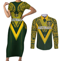 Australia Rugby Custom Couples Matching Short Sleeve Bodycon Dress and Long Sleeve Button Shirt Aboriginal Art Sporty Style - Polynesian Pride
