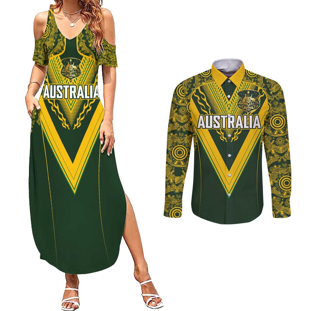 Australia Rugby Custom Couples Matching Summer Maxi Dress and Long Sleeve Button Shirt Aboriginal Art Sporty Style - Polynesian Pride