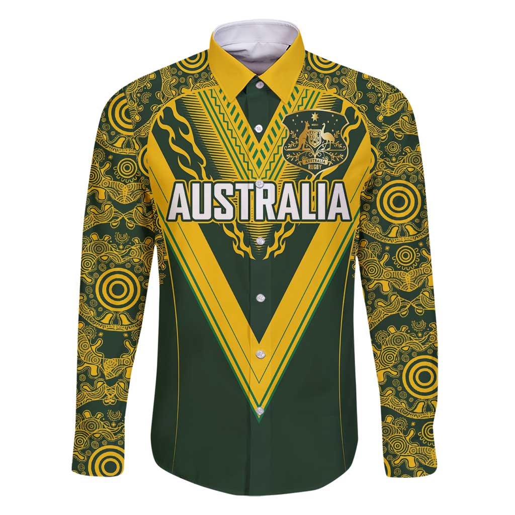 Australia Rugby Custom Family Matching Long Sleeve Bodycon Dress and Hawaiian Shirt Aboriginal Art Sporty Style LT03 Dad's Shirt - Long Sleeve Green - Polynesian Pride