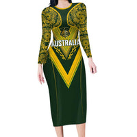 Australia Rugby Custom Family Matching Long Sleeve Bodycon Dress and Hawaiian Shirt Aboriginal Art Sporty Style LT03 Mom's Dress Green - Polynesian Pride