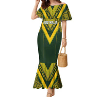 Australia Rugby Custom Family Matching Mermaid Dress and Hawaiian Shirt Aboriginal Art Sporty Style LT03 Mom's Dress Green - Polynesian Pride