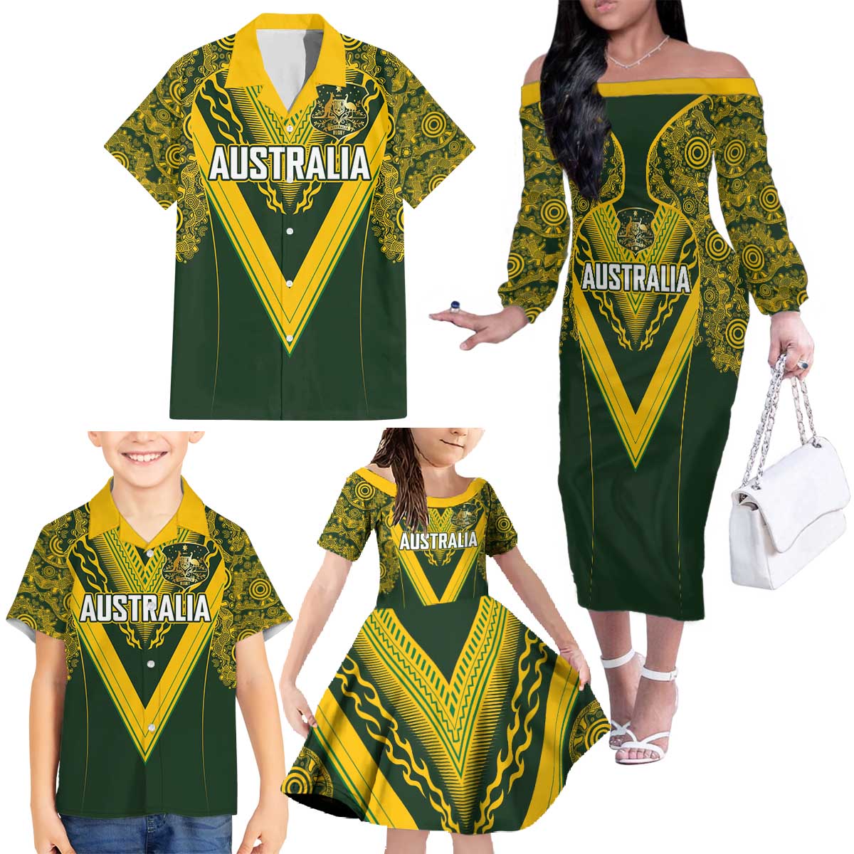 Australia Rugby Custom Family Matching Off The Shoulder Long Sleeve Dress and Hawaiian Shirt Aboriginal Art Sporty Style - Polynesian Pride