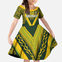 Australia Rugby Custom Family Matching Short Sleeve Bodycon Dress and Hawaiian Shirt Aboriginal Art Sporty Style LT03 Daughter's Dress Green - Polynesian Pride