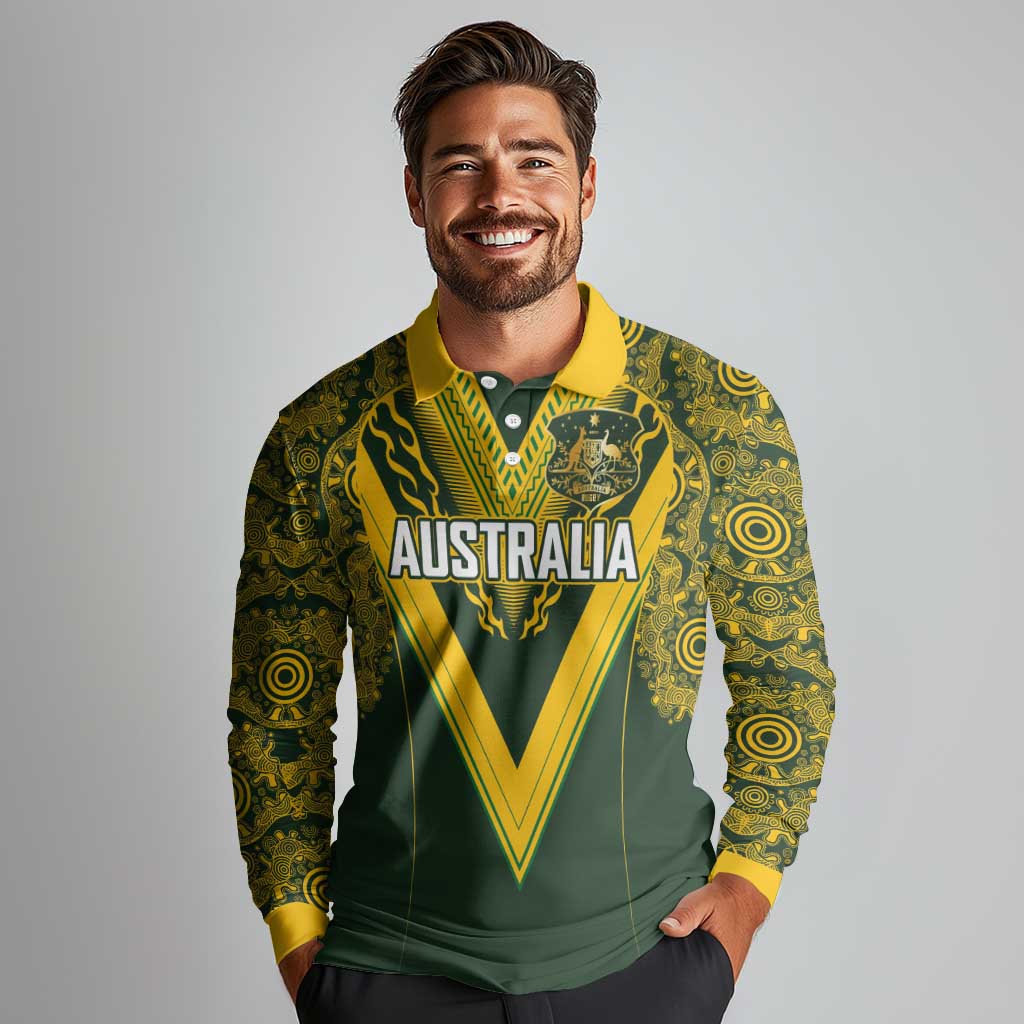Australia Rugby Custom Long Sleeve Polo Shirt Aboriginal Art Sporty Style - Polynesian Pride