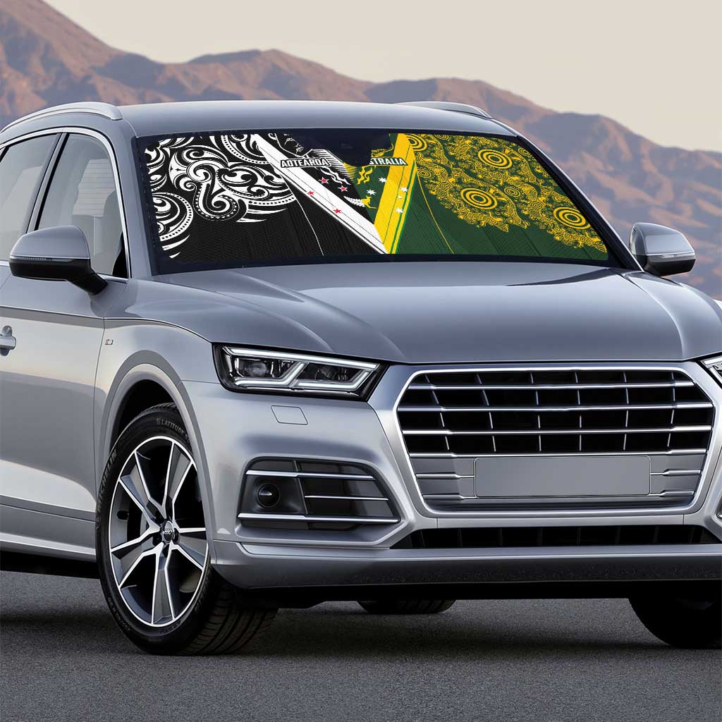 Aotearoa Australia Rugby Auto Sun Shade Maori and Aboriginal Art Sporty Style - Polynesian Pride