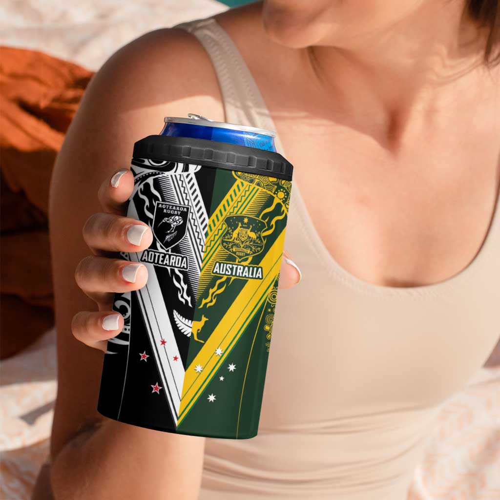 Aotearoa Australia Rugby Custom 4 in 1 Can Cooler Tumbler Maori and Aboriginal Art Sporty Style - Polynesian Pride
