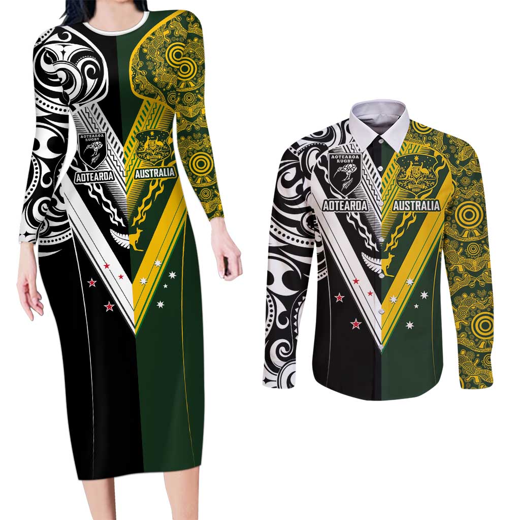 Aotearoa Australia Rugby Custom Couples Matching Long Sleeve Bodycon Dress and Long Sleeve Button Shirt Maori and Aboriginal Art Sporty Style LT03 Green - Polynesian Pride