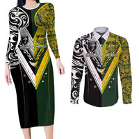 Aotearoa Australia Rugby Custom Couples Matching Long Sleeve Bodycon Dress and Long Sleeve Button Shirt Maori and Aboriginal Art Sporty Style LT03 Green - Polynesian Pride