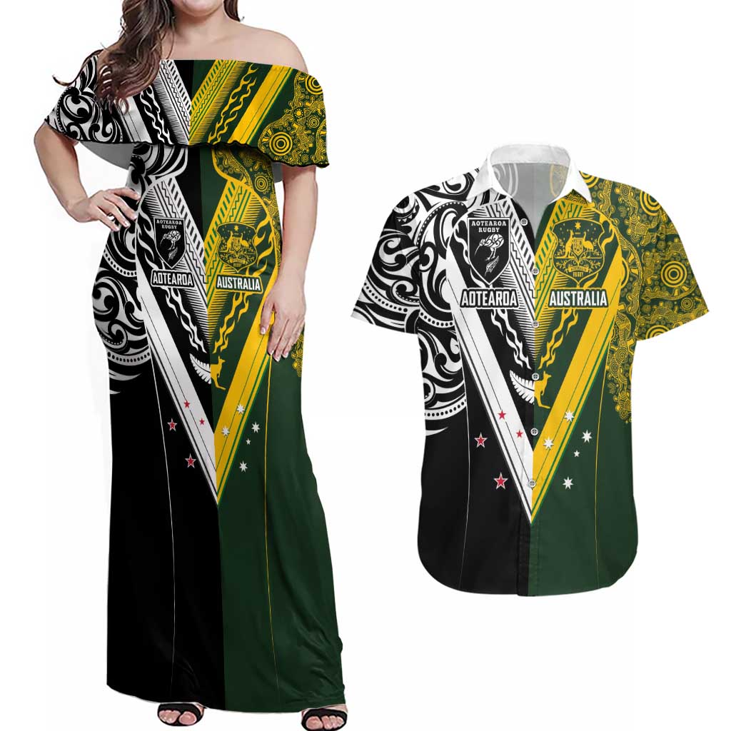 Aotearoa Australia Rugby Custom Couples Matching Off Shoulder Maxi Dress and Hawaiian Shirt Maori and Aboriginal Art Sporty Style LT03 Green - Polynesian Pride