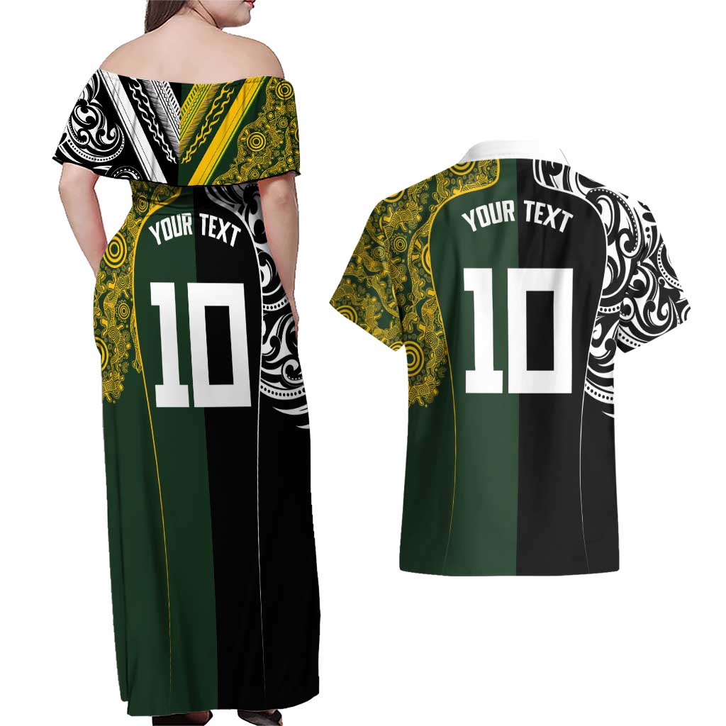 Aotearoa Australia Rugby Custom Couples Matching Off Shoulder Maxi Dress and Hawaiian Shirt Maori and Aboriginal Art Sporty Style LT03 - Polynesian Pride