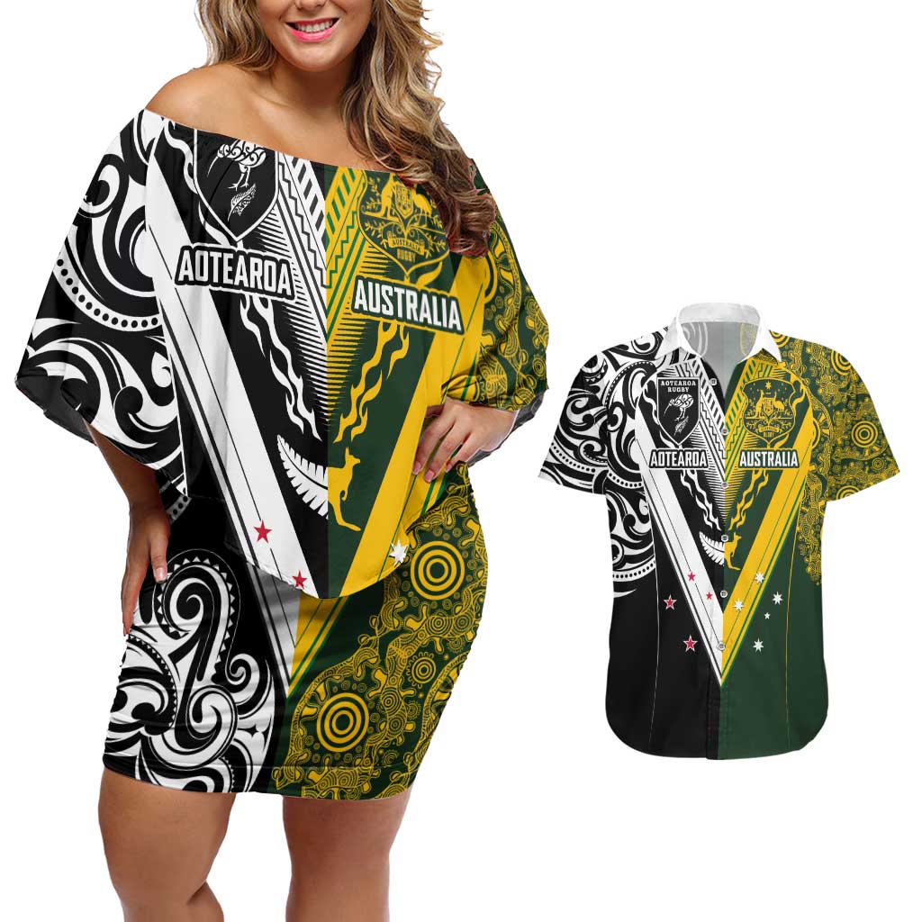 Aotearoa Australia Rugby Custom Couples Matching Off Shoulder Short Dress and Hawaiian Shirt Maori and Aboriginal Art Sporty Style LT03 Green - Polynesian Pride