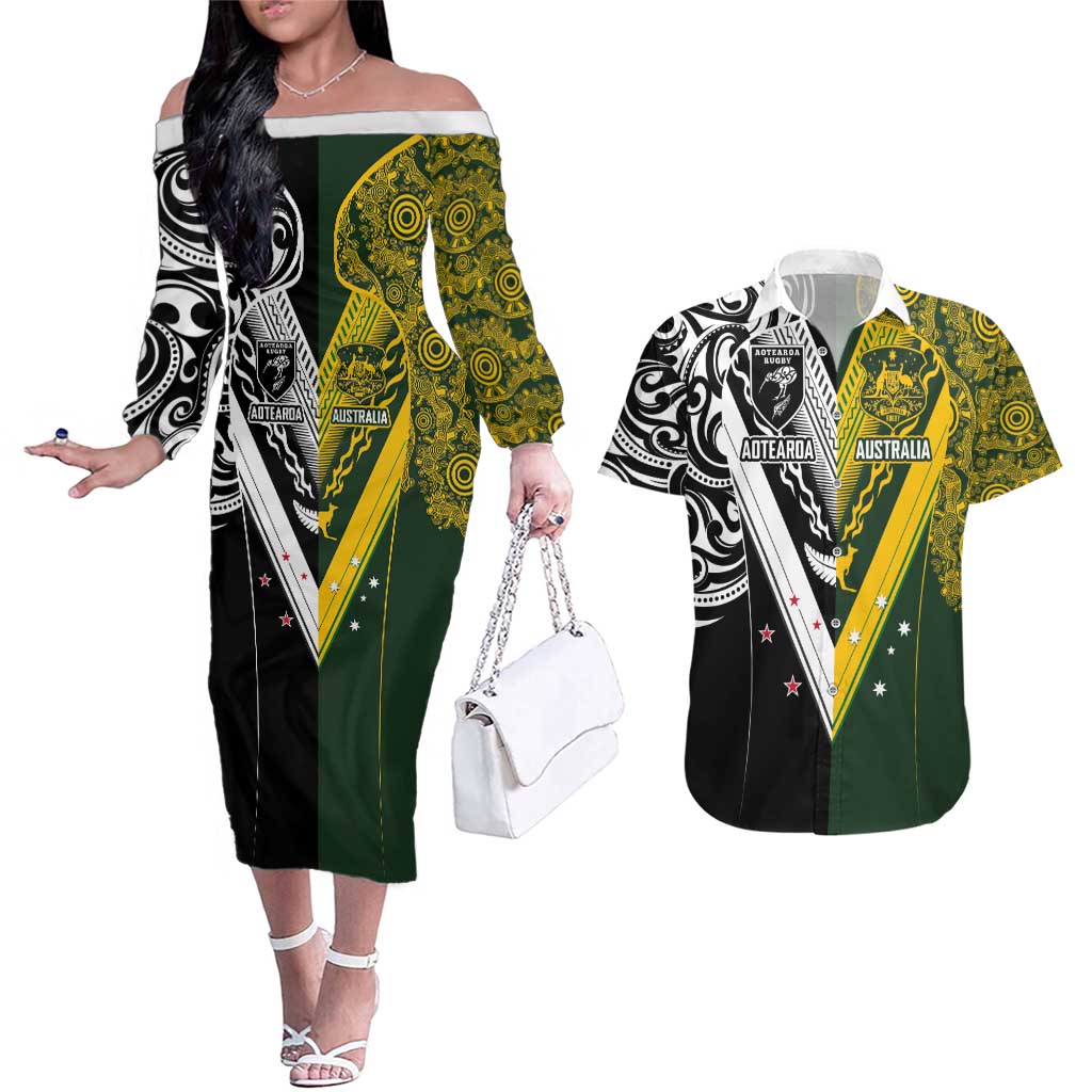 Aotearoa Australia Rugby Custom Couples Matching Off The Shoulder Long Sleeve Dress and Hawaiian Shirt Maori and Aboriginal Art Sporty Style LT03 Green - Polynesian Pride