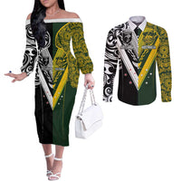 Aotearoa Australia Rugby Custom Couples Matching Off The Shoulder Long Sleeve Dress and Long Sleeve Button Shirt Maori and Aboriginal Art Sporty Style LT03 Green - Polynesian Pride