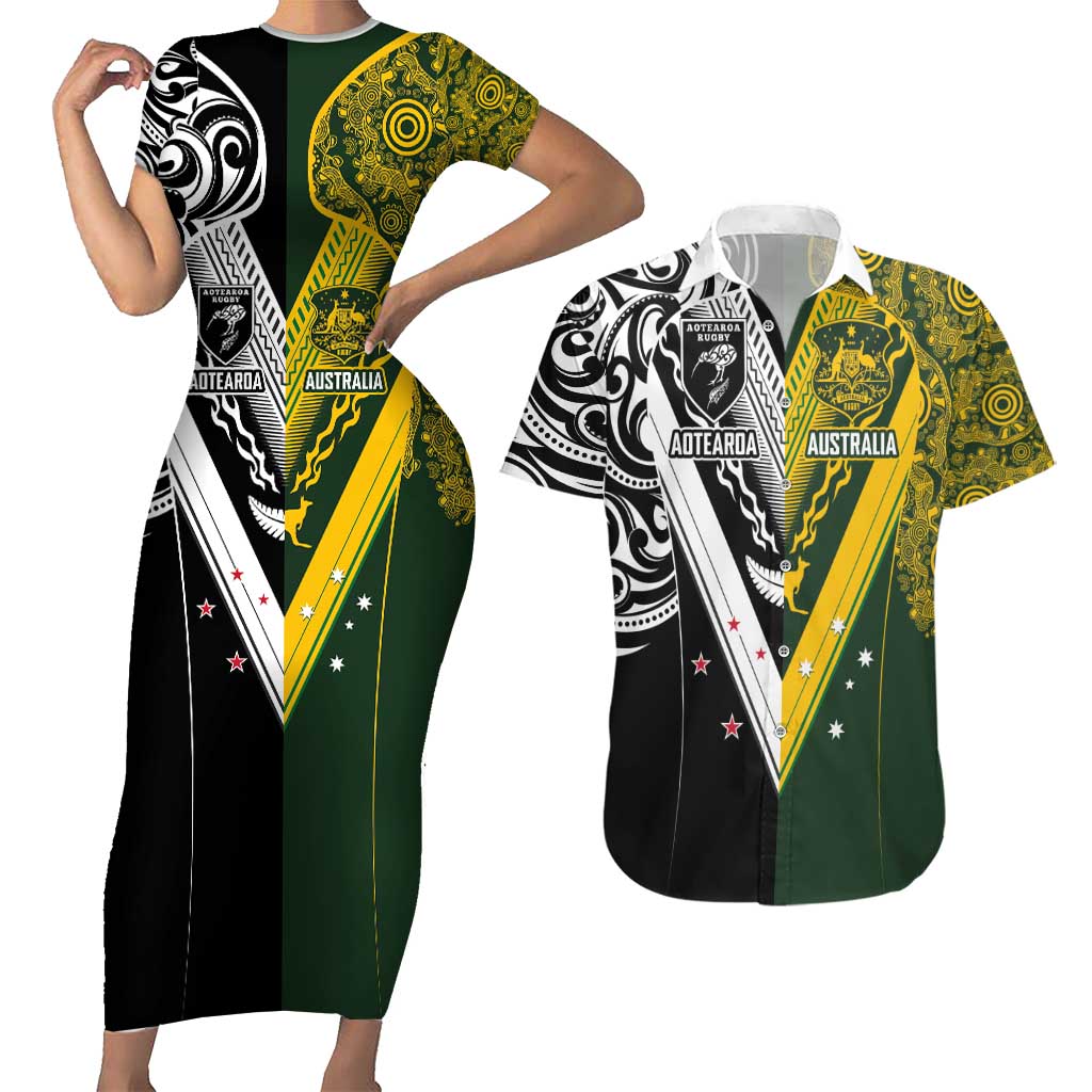 Aotearoa Australia Rugby Custom Couples Matching Short Sleeve Bodycon Dress and Hawaiian Shirt Maori and Aboriginal Art Sporty Style LT03 Green - Polynesian Pride
