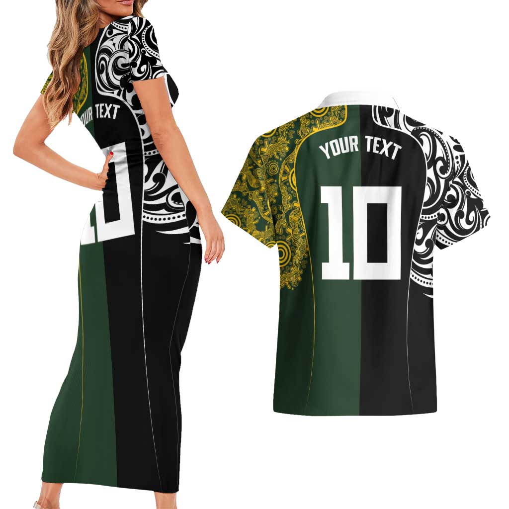 Aotearoa Australia Rugby Custom Couples Matching Short Sleeve Bodycon Dress and Hawaiian Shirt Maori and Aboriginal Art Sporty Style LT03 - Polynesian Pride