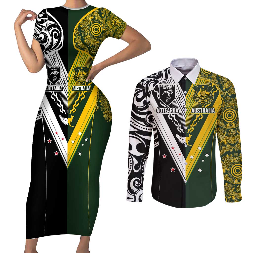 Aotearoa Australia Rugby Custom Couples Matching Short Sleeve Bodycon Dress and Long Sleeve Button Shirt Maori and Aboriginal Art Sporty Style LT03 Green - Polynesian Pride