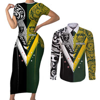 Aotearoa Australia Rugby Custom Couples Matching Short Sleeve Bodycon Dress and Long Sleeve Button Shirt Maori and Aboriginal Art Sporty Style LT03 Green - Polynesian Pride