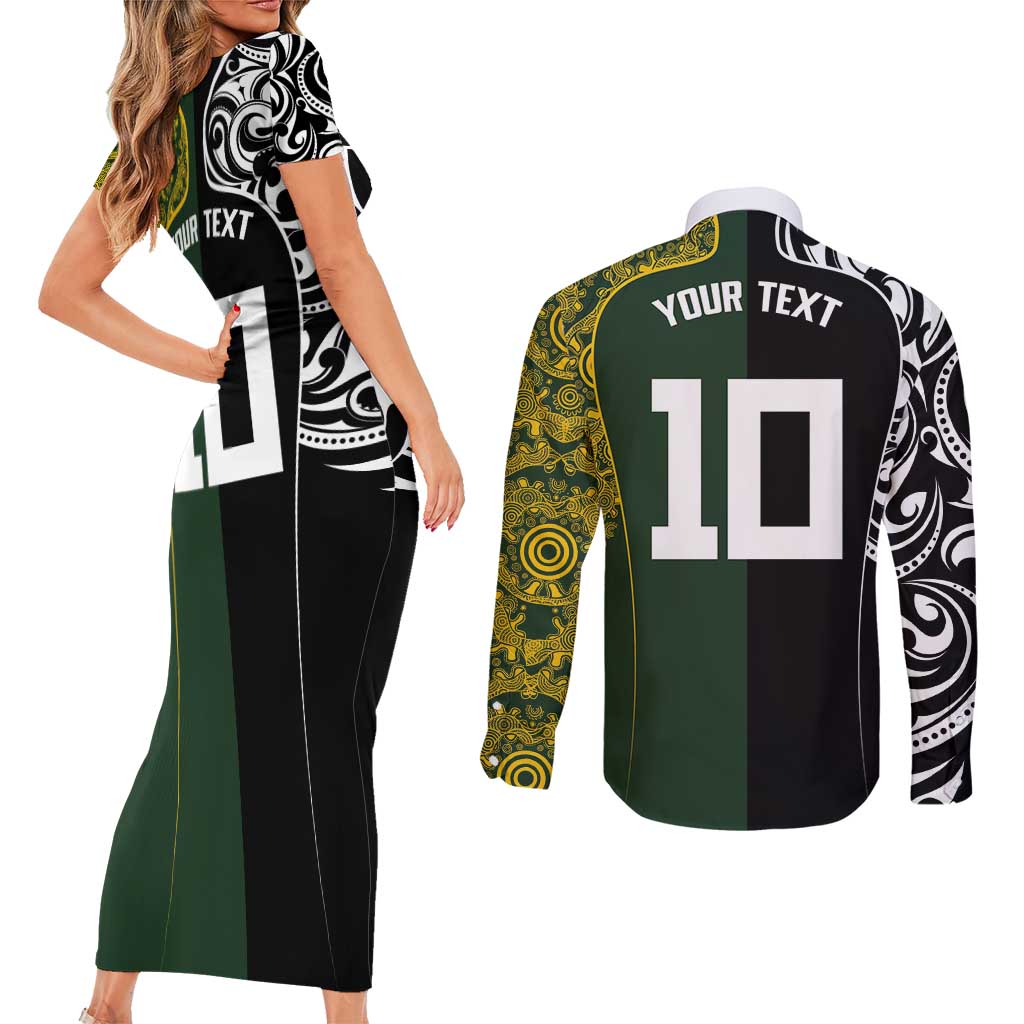 Aotearoa Australia Rugby Custom Couples Matching Short Sleeve Bodycon Dress and Long Sleeve Button Shirt Maori and Aboriginal Art Sporty Style LT03 - Polynesian Pride