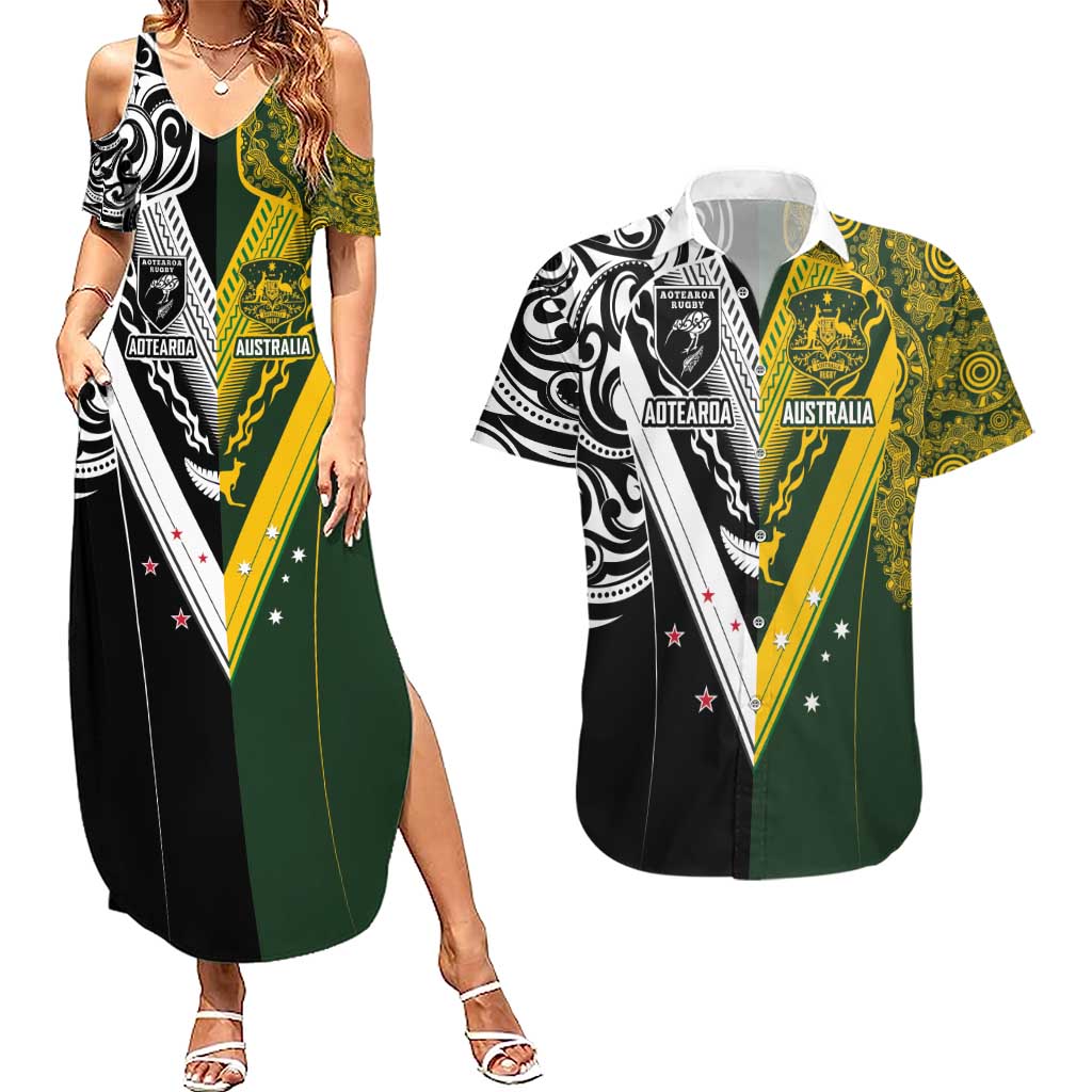 Aotearoa Australia Rugby Custom Couples Matching Summer Maxi Dress and Hawaiian Shirt Maori and Aboriginal Art Sporty Style LT03 Green - Polynesian Pride