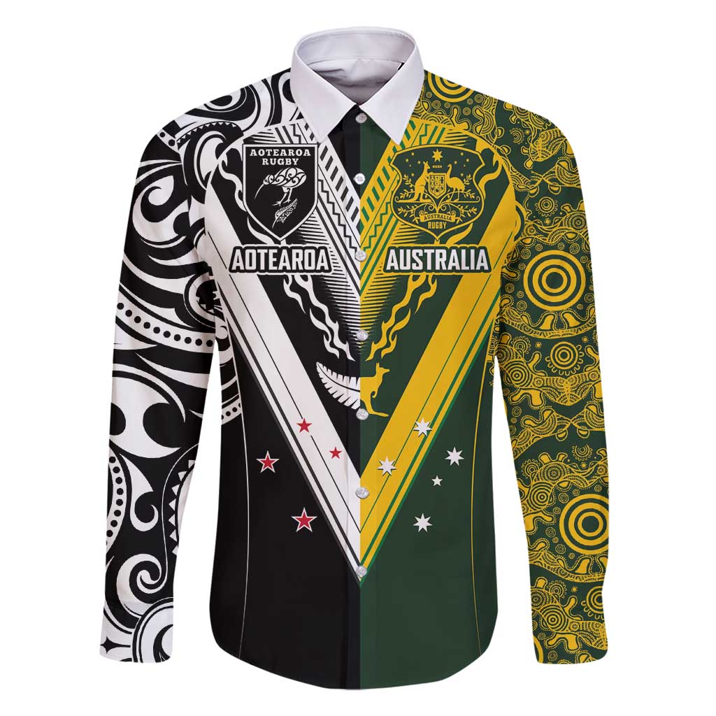 Aotearoa Australia Rugby Custom Family Matching Long Sleeve Bodycon Dress and Hawaiian Shirt Maori and Aboriginal Art Sporty Style LT03 Dad's Shirt - Long Sleeve Green - Polynesian Pride