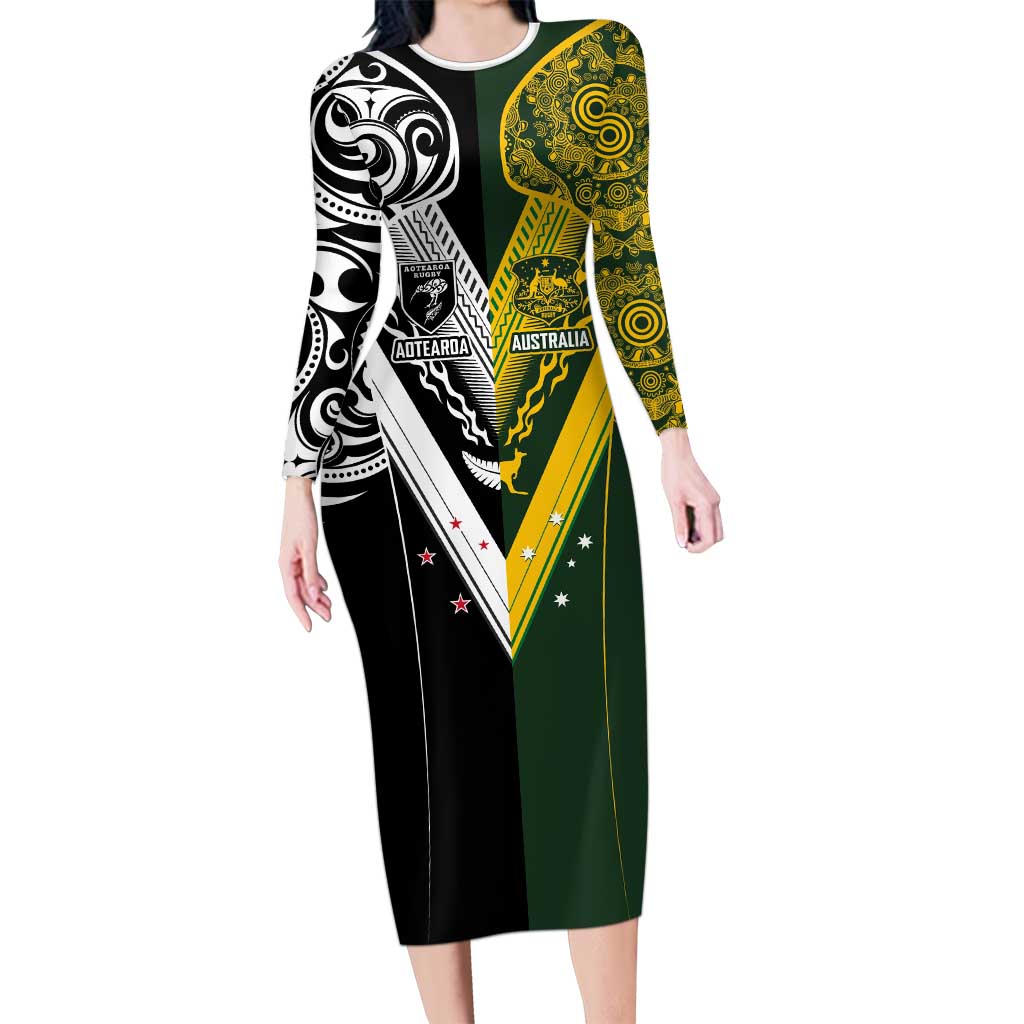 Aotearoa Australia Rugby Custom Family Matching Long Sleeve Bodycon Dress and Hawaiian Shirt Maori and Aboriginal Art Sporty Style LT03 Mom's Dress Green - Polynesian Pride
