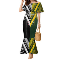 Aotearoa Australia Rugby Custom Family Matching Mermaid Dress and Hawaiian Shirt Maori and Aboriginal Art Sporty Style LT03 Mom's Dress Green - Polynesian Pride