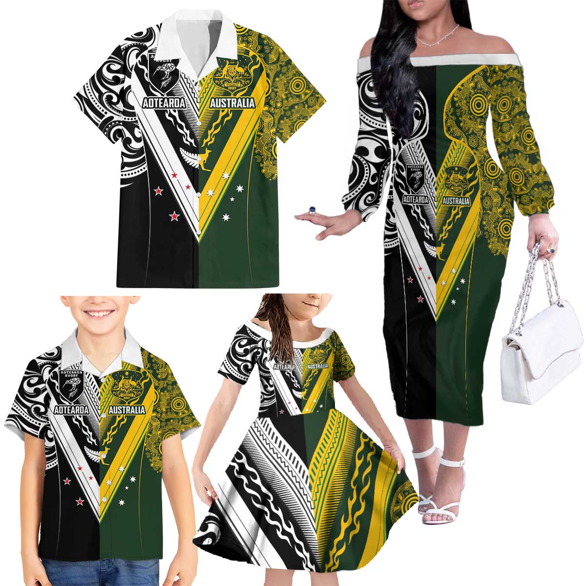 Aotearoa Australia Rugby Custom Family Matching Off The Shoulder Long Sleeve Dress and Hawaiian Shirt Maori and Aboriginal Art Sporty Style LT03 - Polynesian Pride