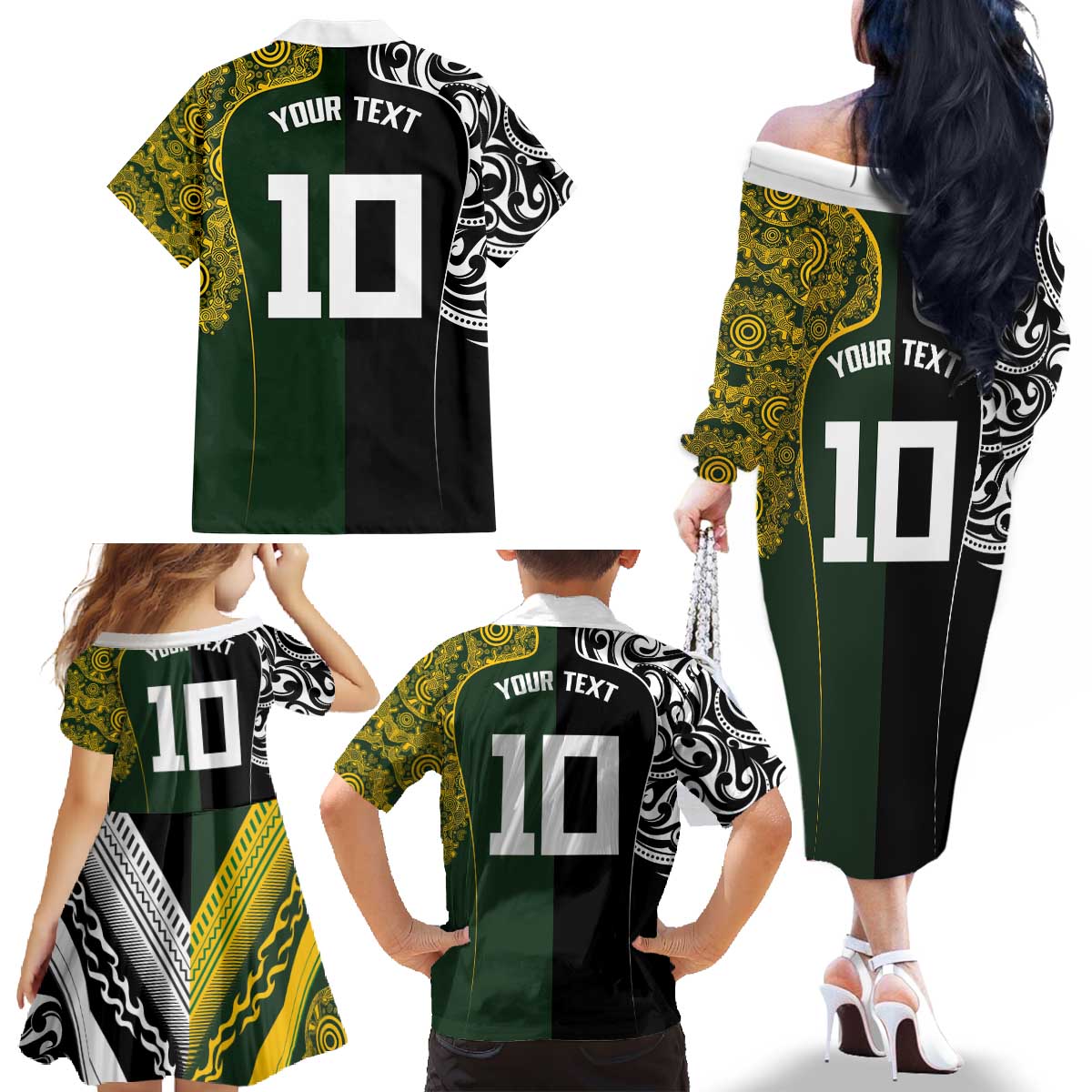 Aotearoa Australia Rugby Custom Family Matching Off The Shoulder Long Sleeve Dress and Hawaiian Shirt Maori and Aboriginal Art Sporty Style LT03 - Polynesian Pride